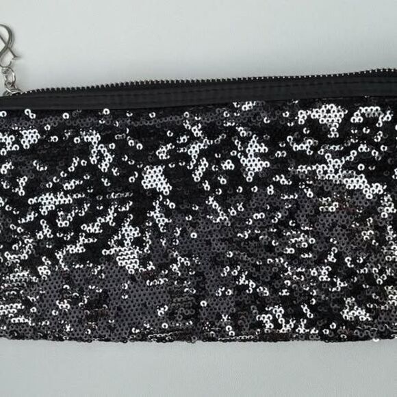 Victoria Secret Handbags - Victoria’s Secret Sequin Makeup Bag Cosmetic Pouch Black Gold EUC